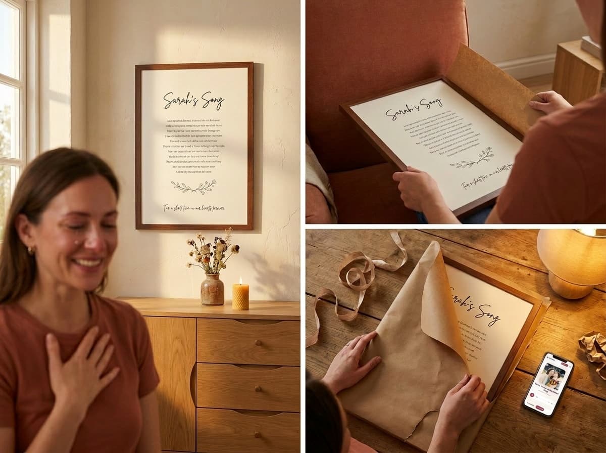A framed song-lyrics print being unwrapped as a gift